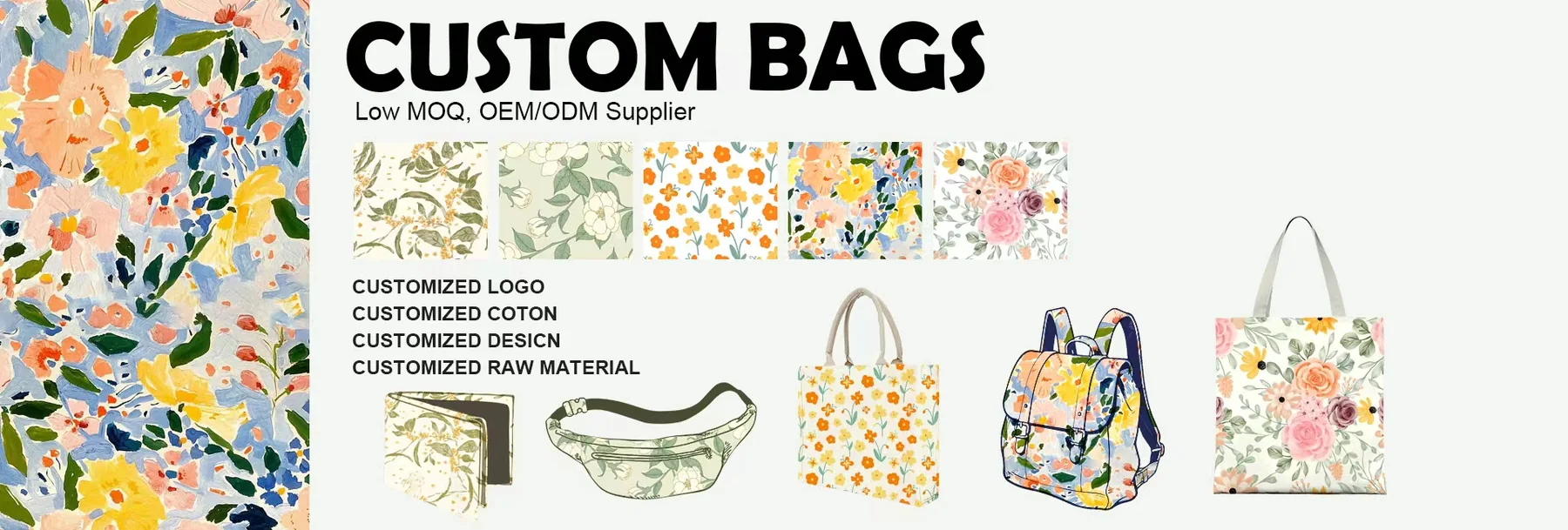 Custom full print bags with floral patterns and waist bag example