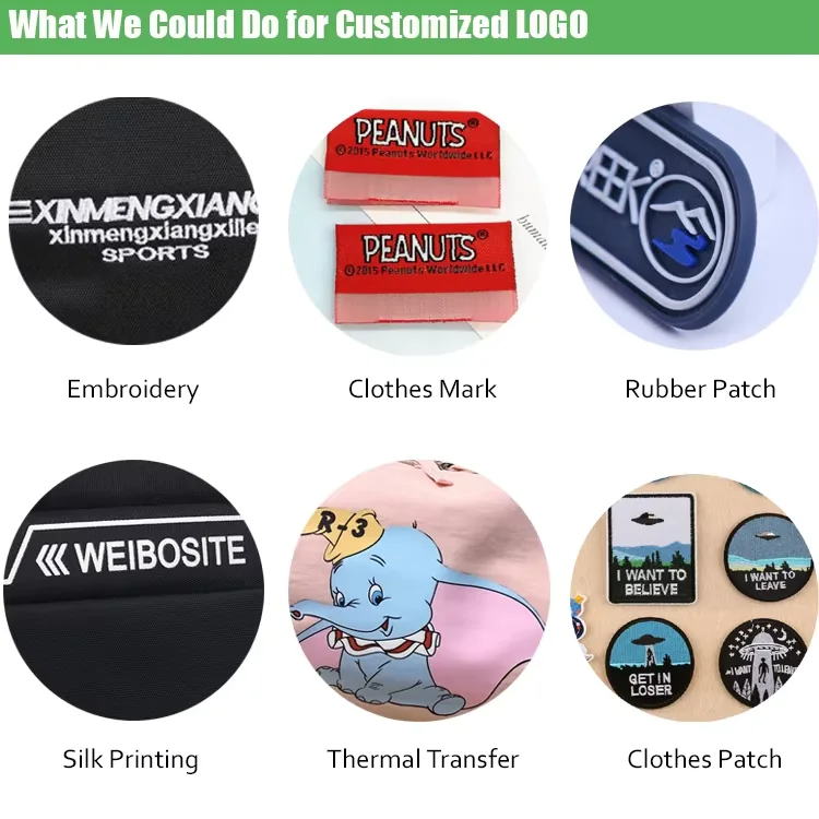 Screen print, woven label, embroidery and rubber patch logo methods