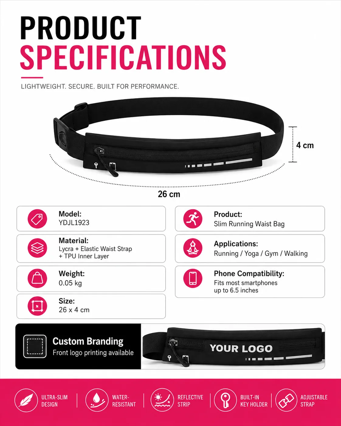 Slim Running Waist Bag — YDJL1923 - dimensions
