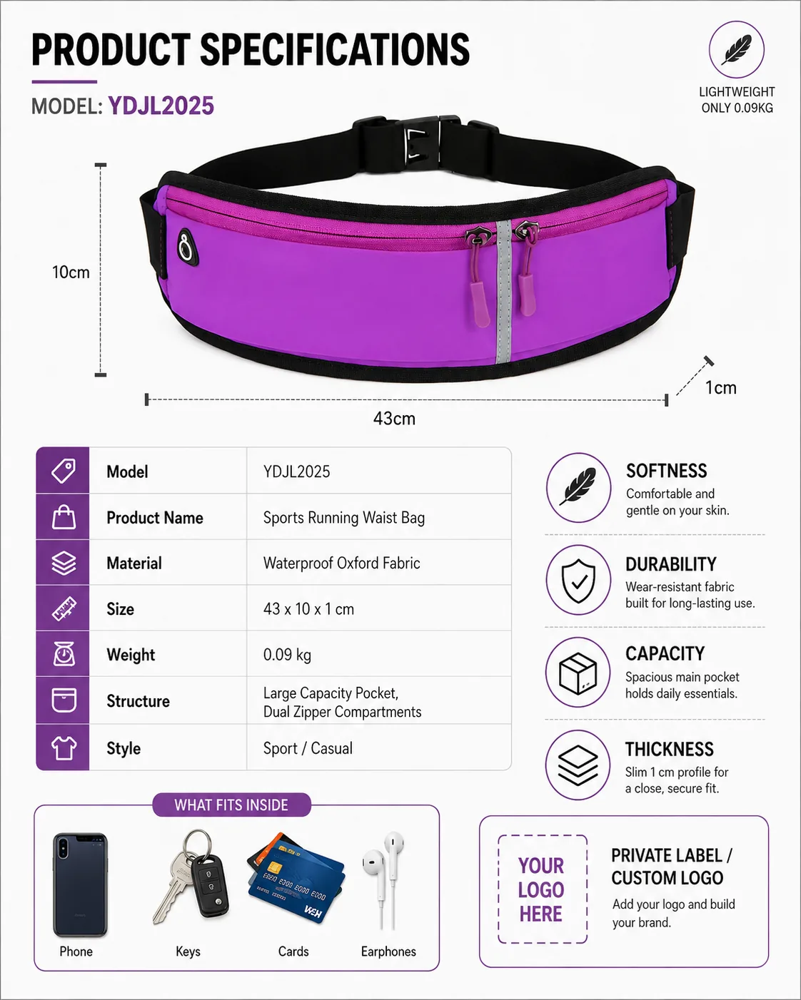 Sports Running Waist Bag — YDJL2025 - dimensions