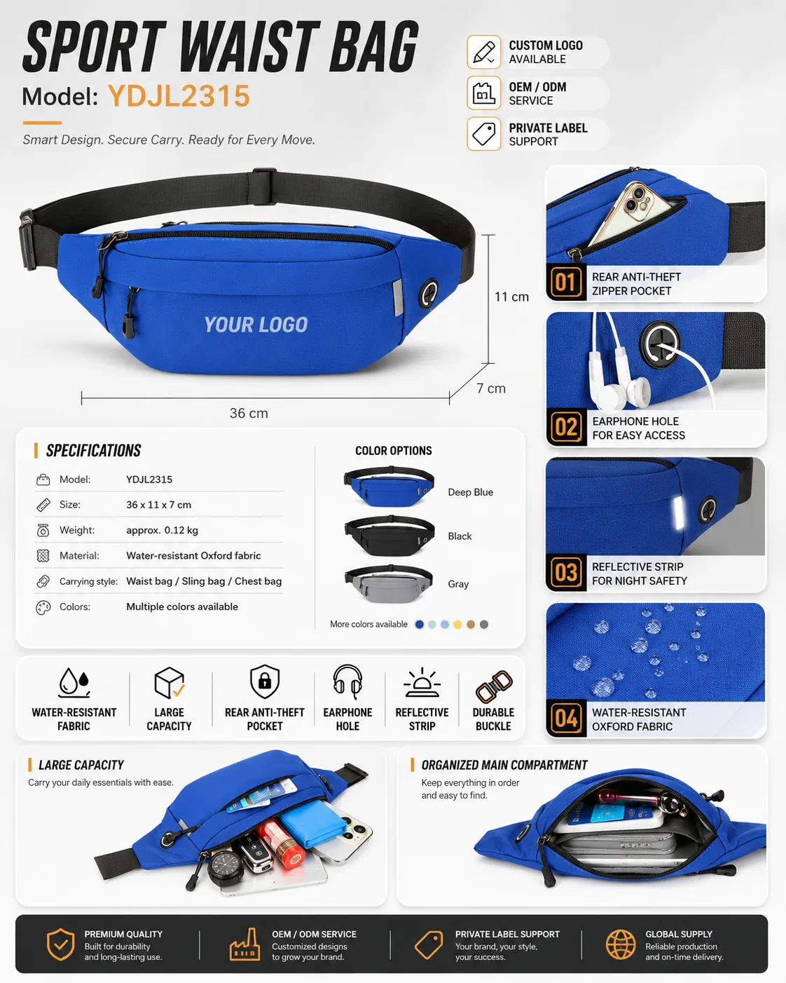 Anti-Theft Sport Waist Bag — YDJL2315 - dimensions